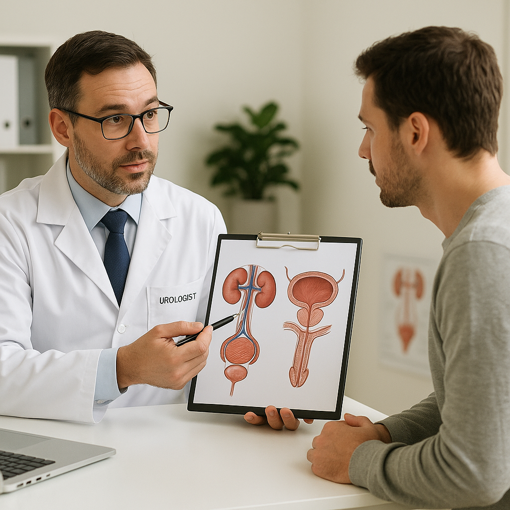 A medical consultation setting showing a professio