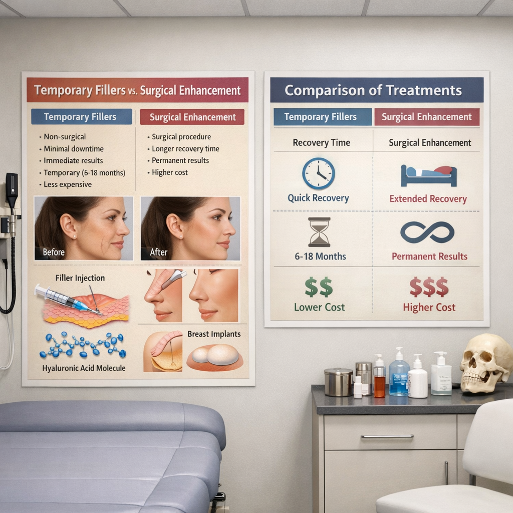 Clinical Consultation Room with Filler vs Surgery Comparison