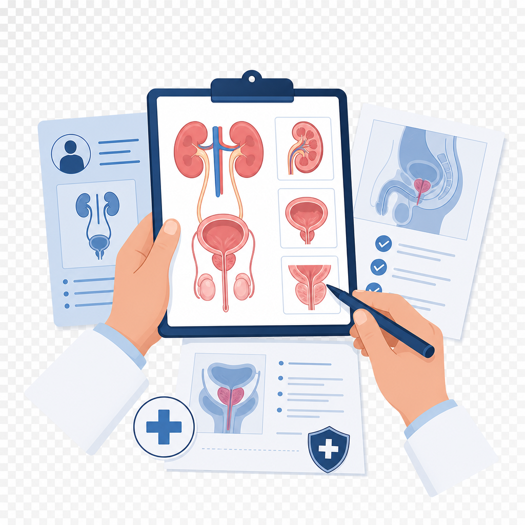 Urological Consultation with Anatomical Diagrams and Surgical Plans